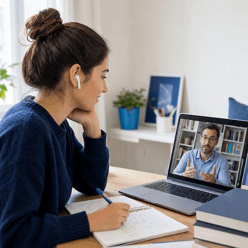 Student taking notes while getting homework help from a subject expert on a video call